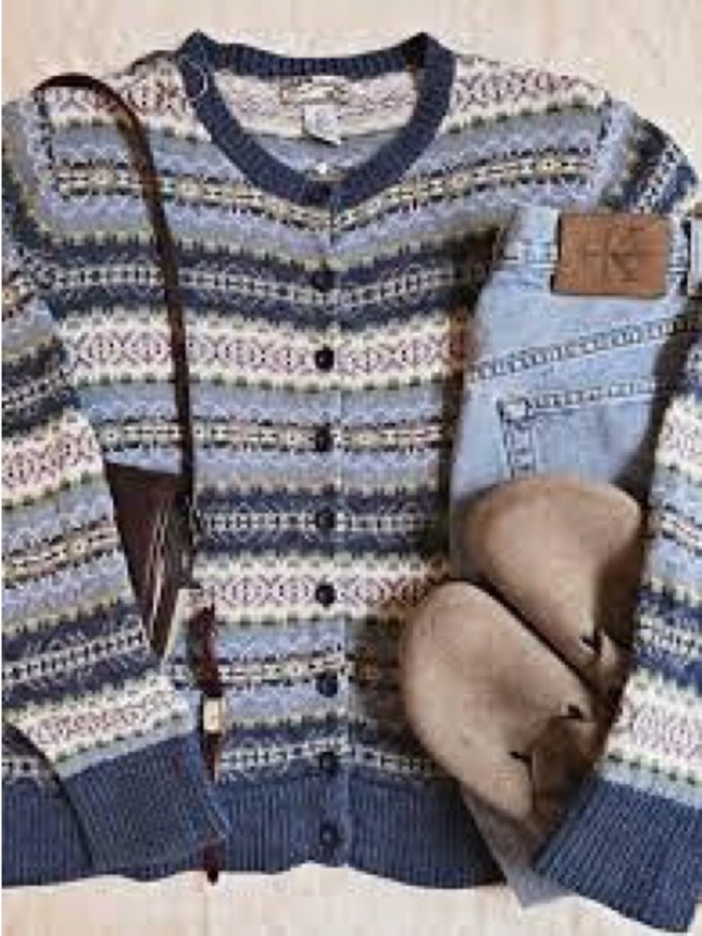 Vintage Fair Isle Knit Nordic Print Cardigan Sweater Blue